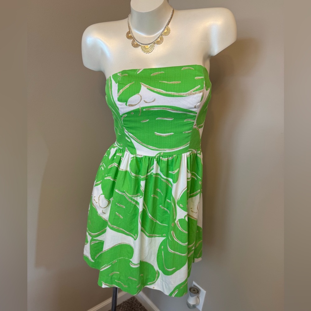 Lilly Pulitzer 🌱Dress Sz 2 Lottie Resort White Green Leaf Gold glitter ✨ - Picture 2 of 15